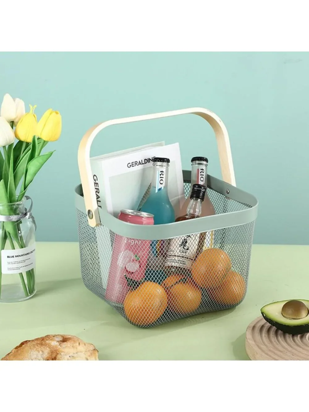 Multi-Functional Metal Mesh Storage Basket with Bamboo Handle - Mint Green